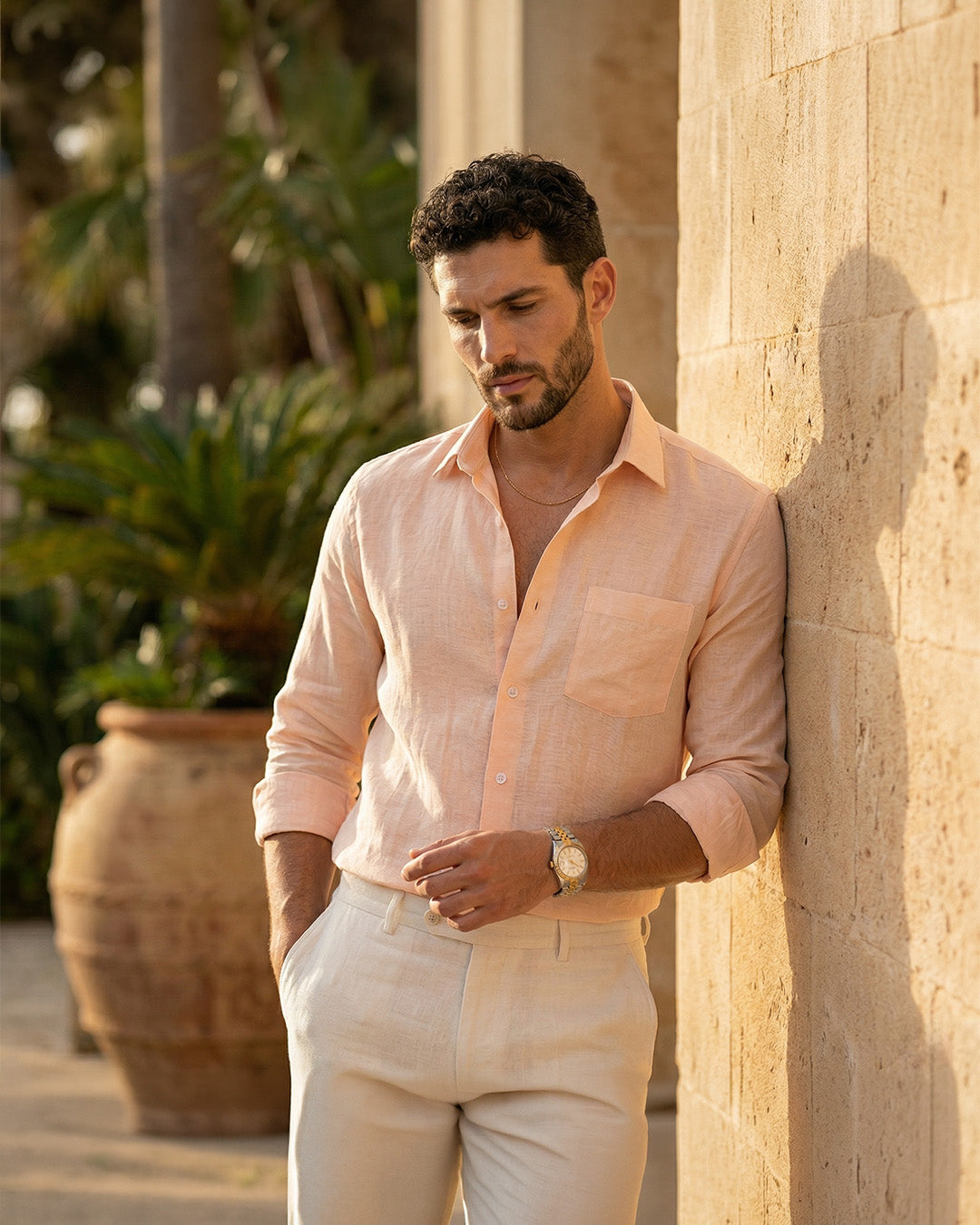 Peach Pure Linen 60s Lea Shirt For Men