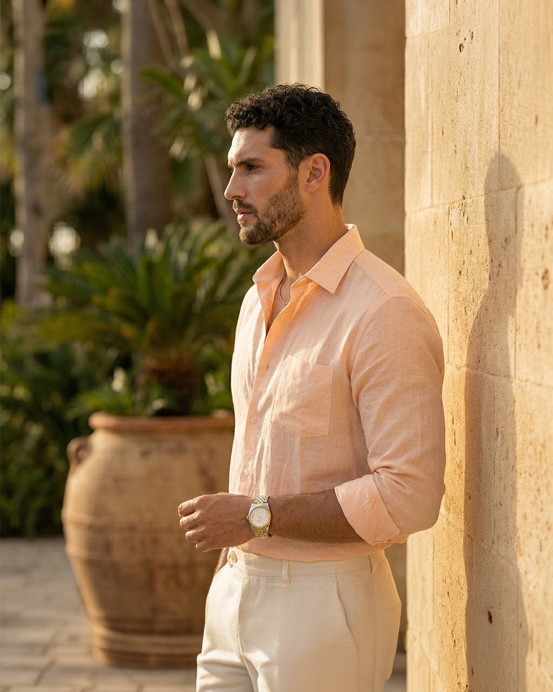 Peach Pure Linen 60s Lea Shirt For Men
