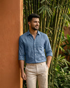 Ice Blue Pure Linen 60s Lea Shirt For Men
