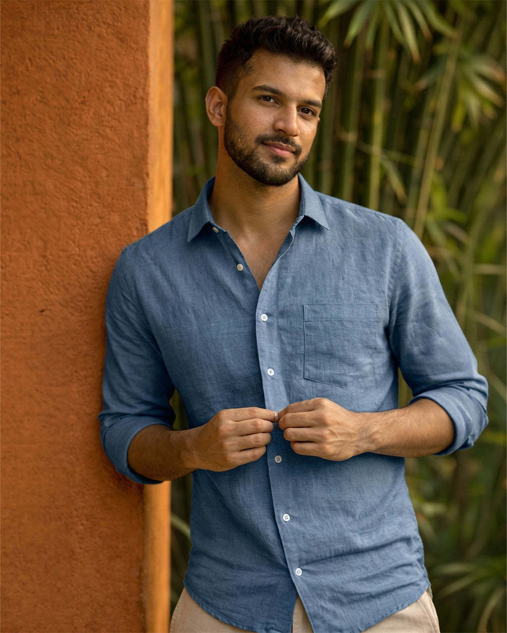 Ice Blue Pure Linen 60s Lea Shirt For Men