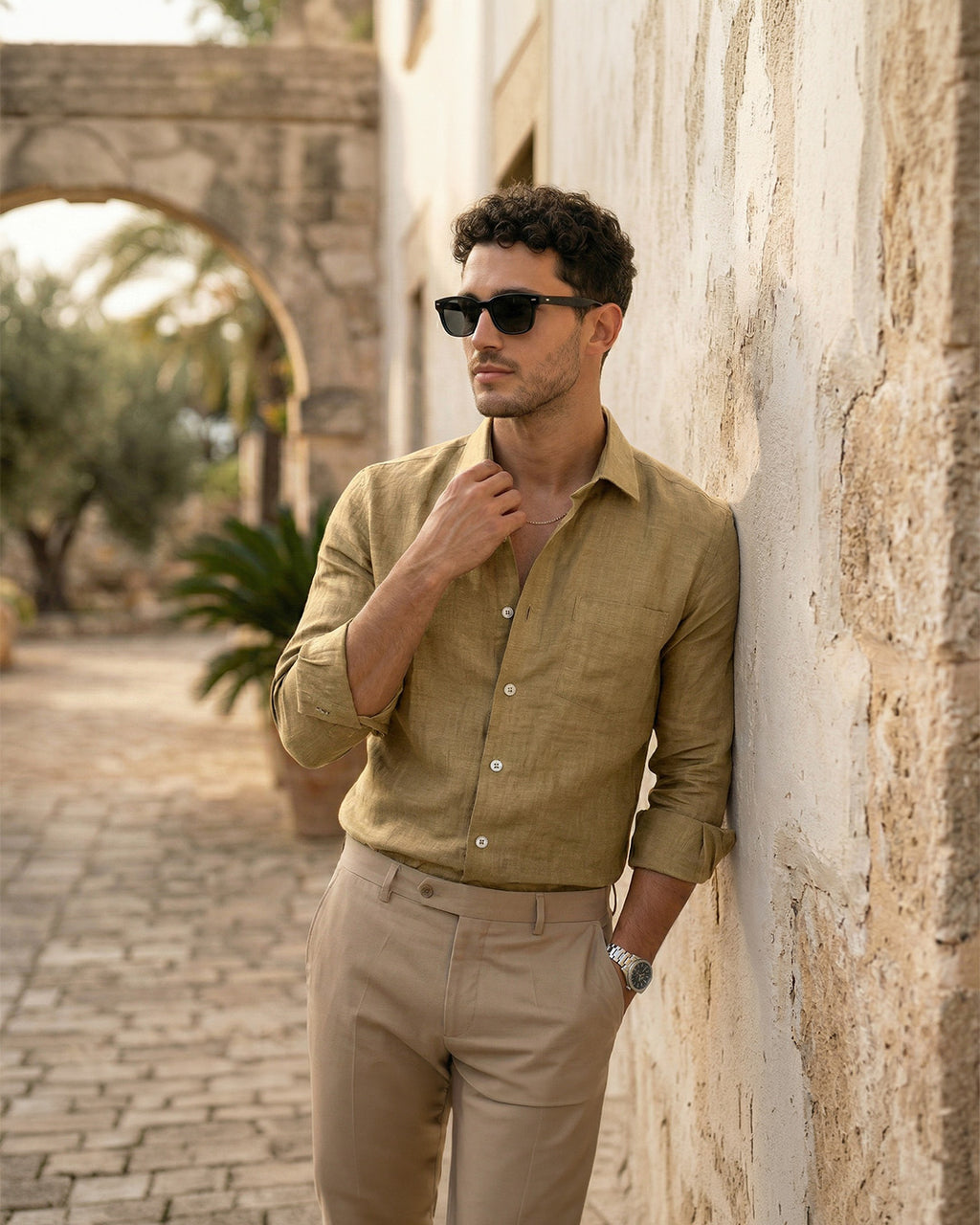 Khaki Pure Linen 60s Lea Shirt For Men
