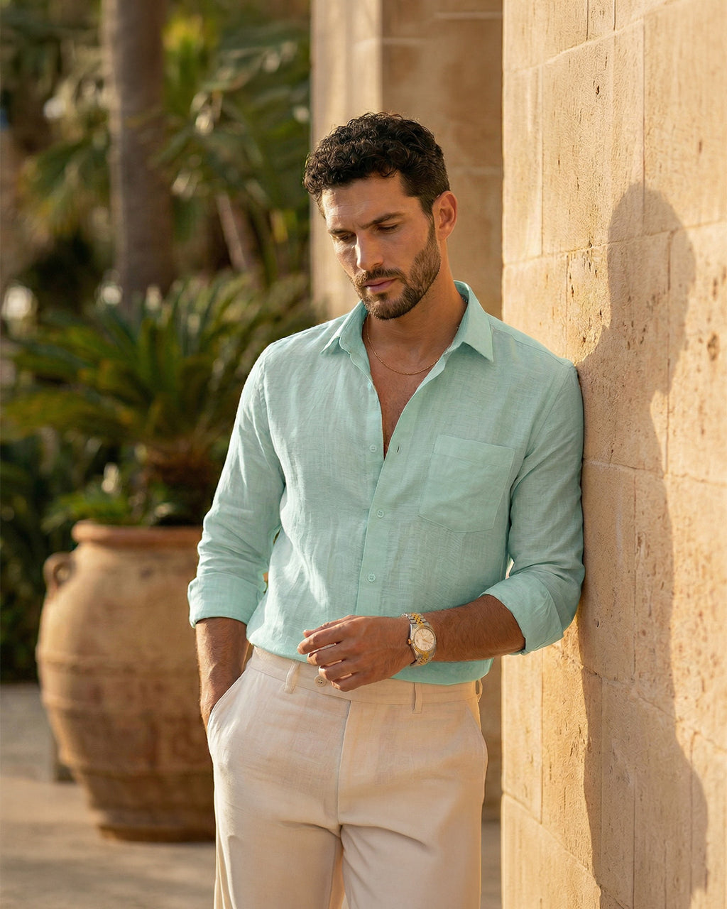 Sky Blue Pure Linen 60s Lea Shirt For Men