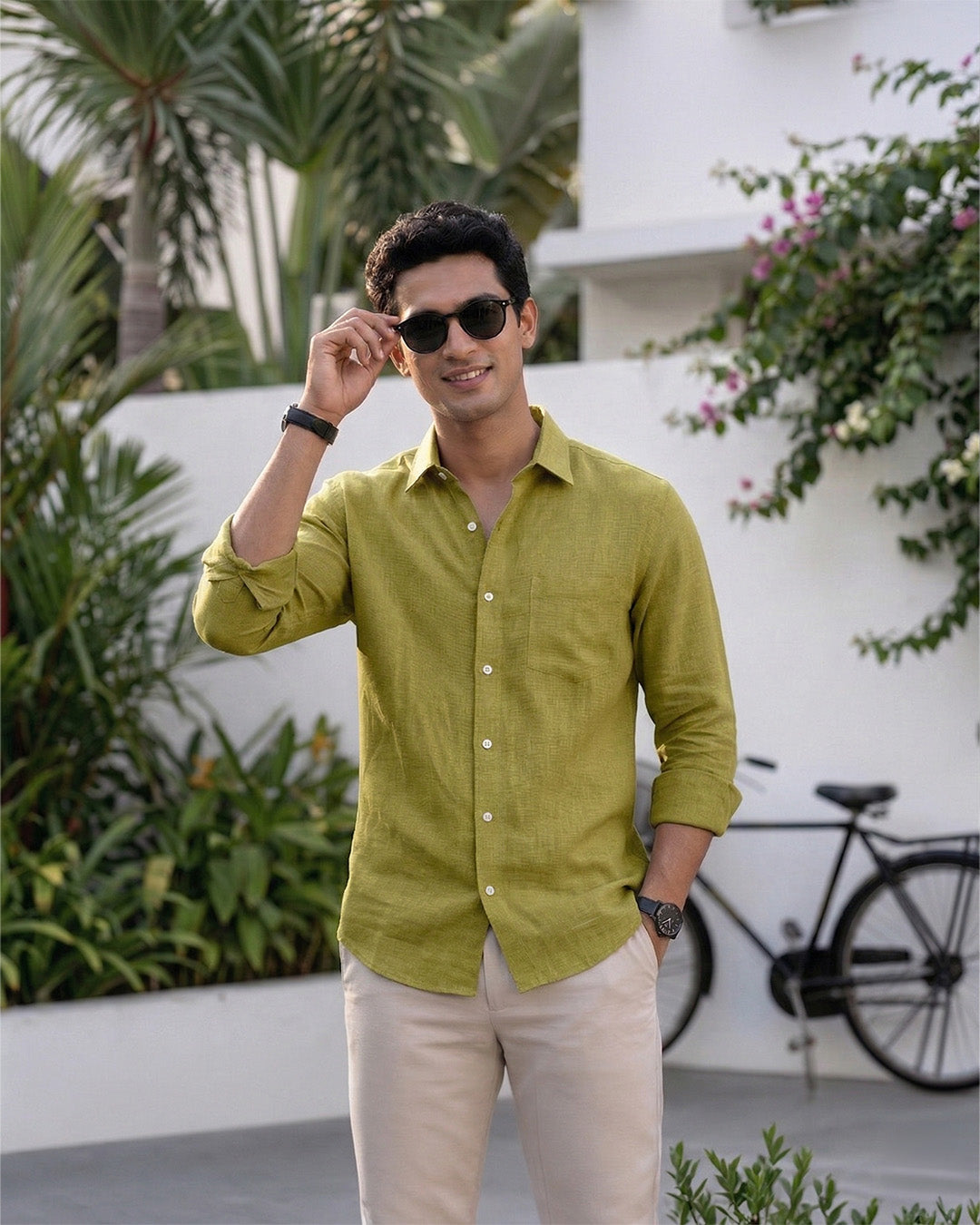 Lime Mehndi Pure Linen 60s Lea Shirt For Men