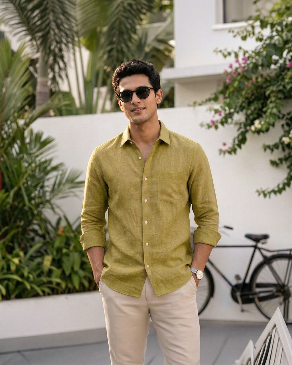 Lime Mehndi Pure Linen 60s Lea Shirt For Men