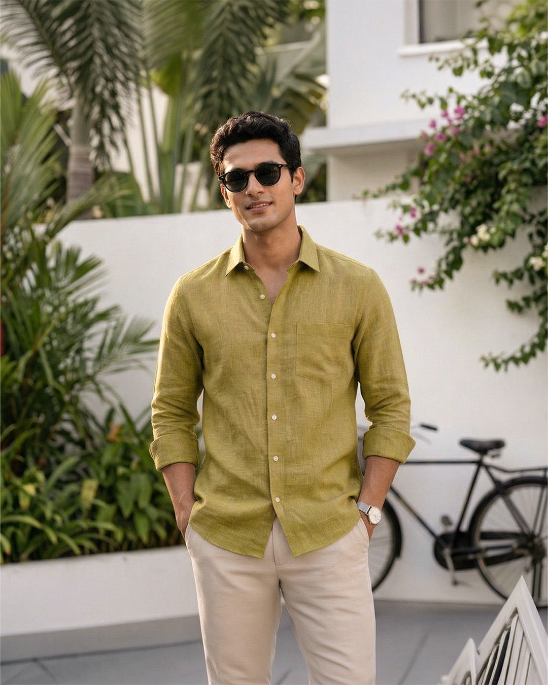 Lime Mehndi Pure Linen 60s Lea Shirt For Men