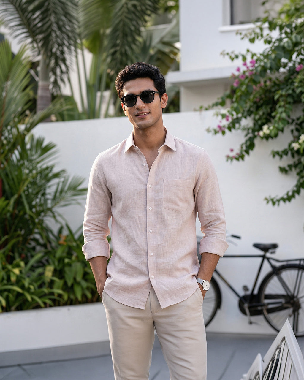 Light Pink Pure Linen 60s Lea Shirt For Men