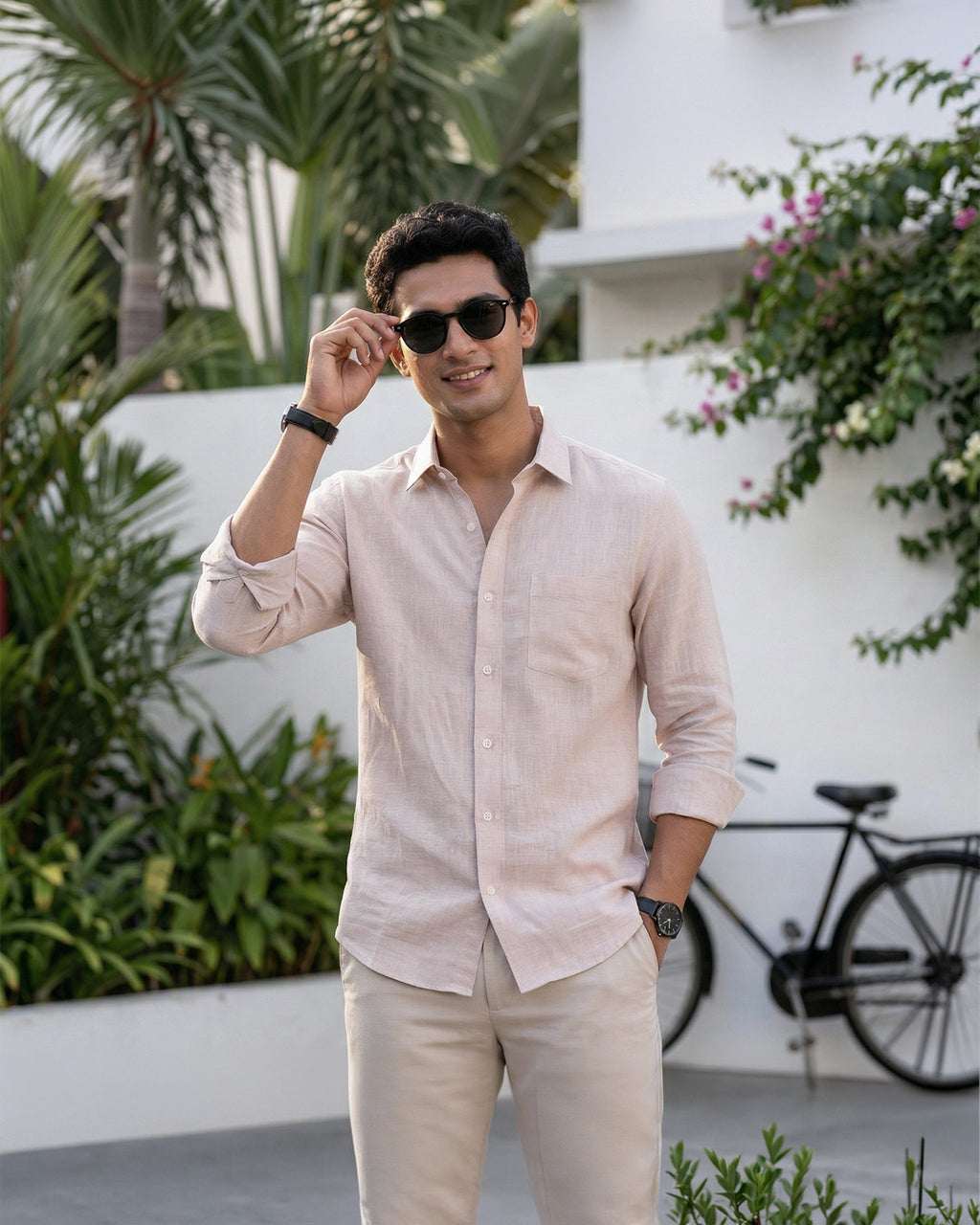 Light Pink Pure Linen 60s Lea Shirt For Men